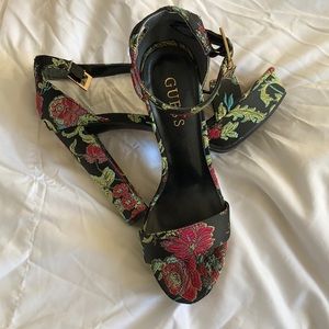 GUESS sandal heels, floral, embroidered, heels